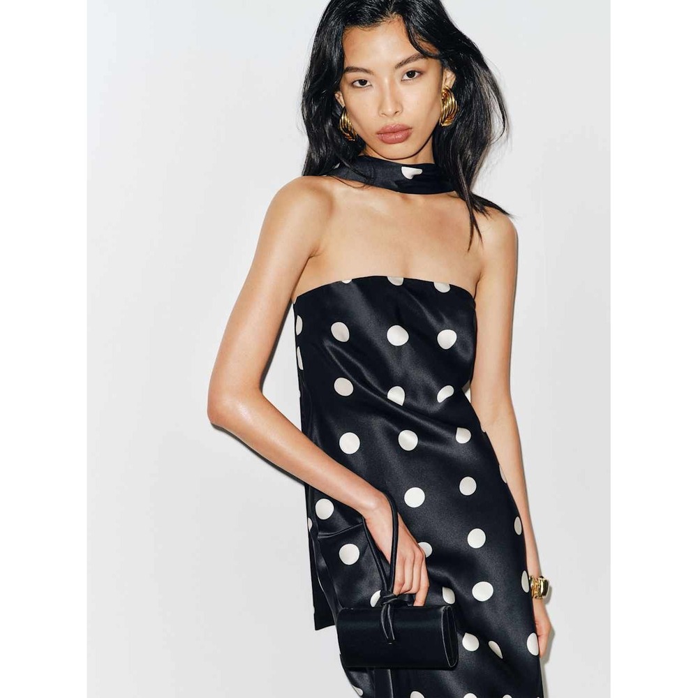 Reformation Oren Silk Dress Black White Polka Dot Scarf Neck Strapless Maxi NEW - Picture 4 of 6